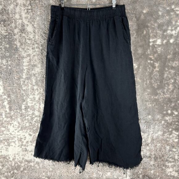 Sigrid Olsen Sz L Distressed Ankle Linen Wide Leg Pants Black Elastic Waist - Picture 1 of 9